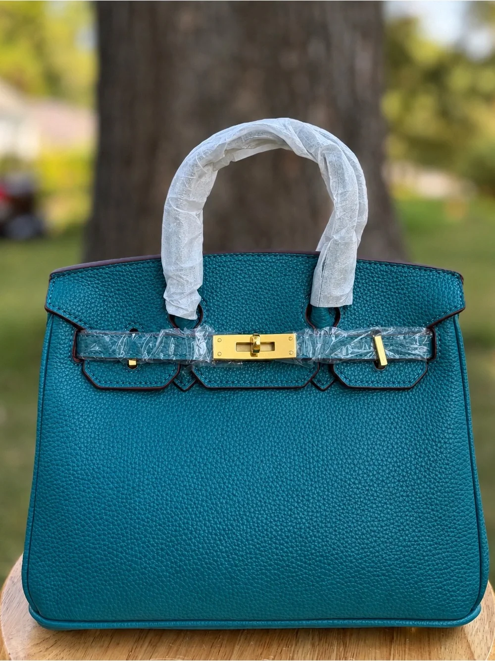 Bleu Jean Real Leather Top-Handle Bag With Gold Hardware.